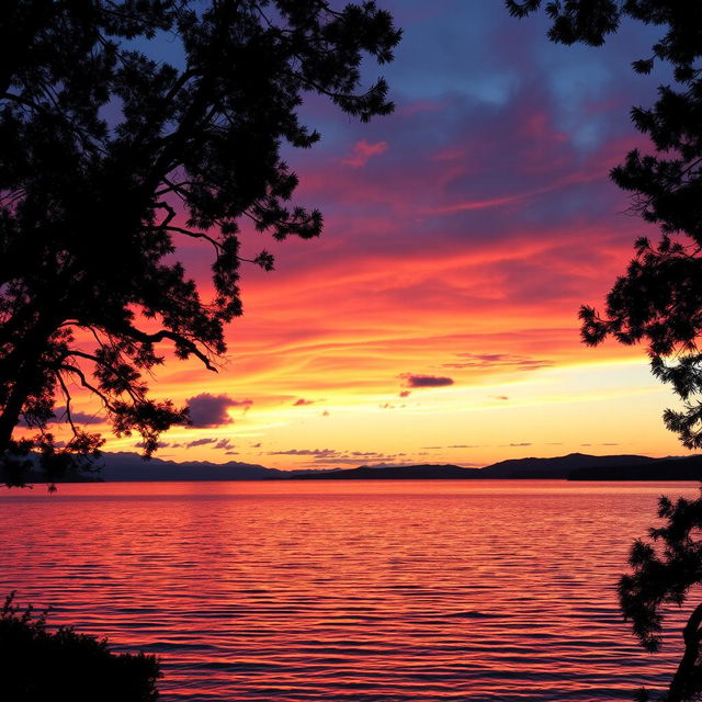 A serene landscape featuring a picturesque sunset over a serene lake, with vibrant colors reflecting on the water's surface