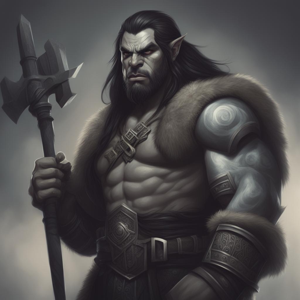 A detailed digital art of a male Half Orc Barbarian with a stern expression