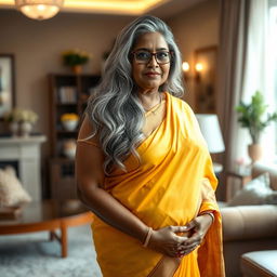 A beautiful and elegant dusky Indian woman, aged 60, with long grey hair styled gracefully, wearing glasses