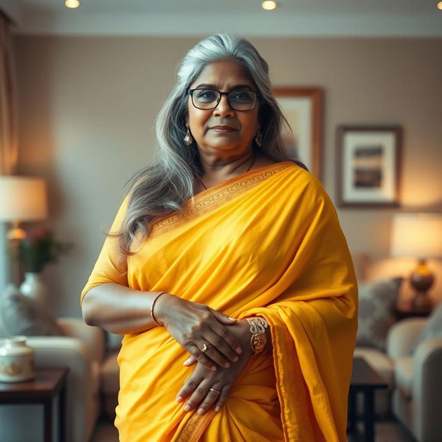 A beautiful and elegant dusky Indian woman, aged 60, with long grey hair styled gracefully, wearing glasses
