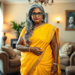 A beautiful and elegant dusky Indian woman, aged 60, with long grey hair styled gracefully, wearing glasses