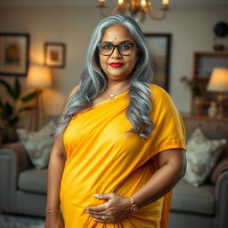 A beautiful and elegant dusky Indian woman, aged 60, with long grey hair styled gracefully, wearing glasses