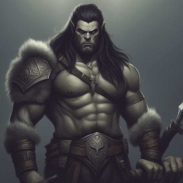 A detailed digital art of a male Half Orc Barbarian with a stern expression