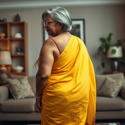 A striking and elegant dusky Indian woman, aged 60, with long flowing grey hair styled gracefully, wearing stylish glasses
