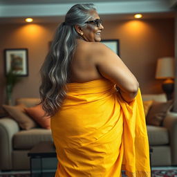 A striking and elegant dusky Indian woman, aged 60, with long flowing grey hair styled gracefully, wearing stylish glasses