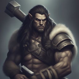 A detailed digital art of a male Half Orc Barbarian with a stern expression