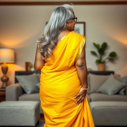 A striking and elegant dusky Indian woman, aged 60, with long flowing grey hair styled gracefully, wearing stylish glasses