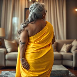 A striking and elegant dusky Indian woman, aged 60, with long flowing grey hair styled gracefully, wearing stylish glasses