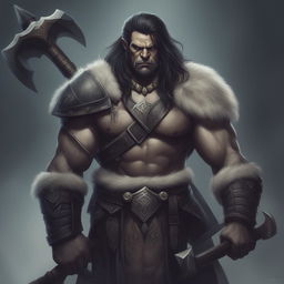 A detailed digital art of a male Half Orc Barbarian with a stern expression