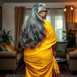 A striking and confident dusky Indian woman, aged 60, with long, flowing grey hair elegantly styled, wearing stylish glasses