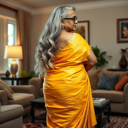 A striking and confident dusky Indian woman, aged 60, with long, flowing grey hair elegantly styled, wearing stylish glasses