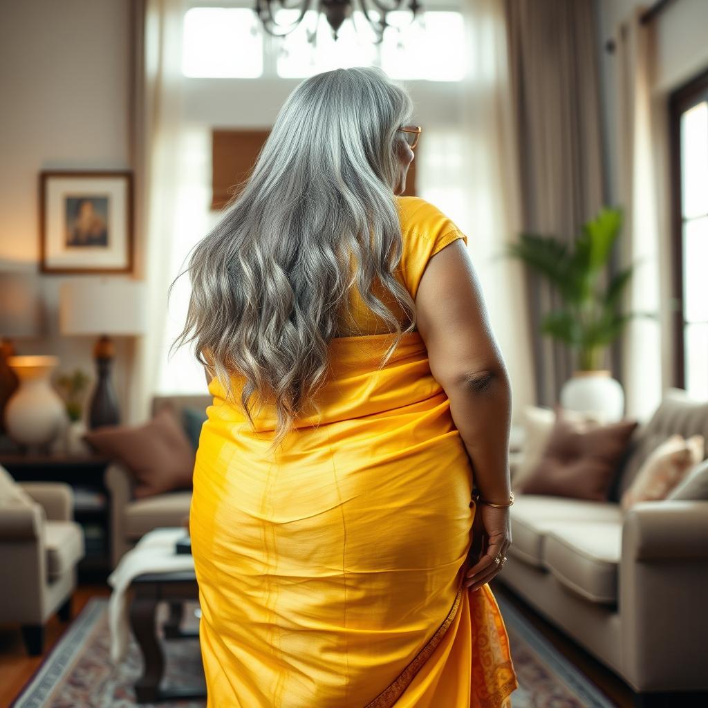 A striking and confident dusky Indian woman, aged 60, with long, flowing grey hair elegantly styled, wearing stylish glasses