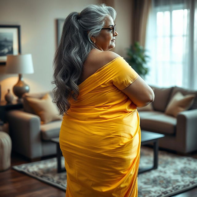 A striking and confident dusky Indian woman, aged 60, with long, flowing grey hair elegantly styled, wearing stylish glasses
