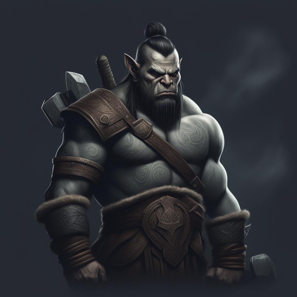 A detailed digital art of a male Half Orc Barbarian with a stern expression, prominent tusks, tribal tattoos, and a large hammer