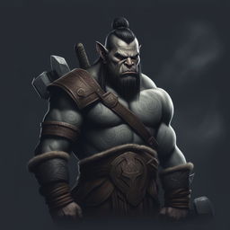 A detailed digital art of a male Half Orc Barbarian with a stern expression, prominent tusks, tribal tattoos, and a large hammer