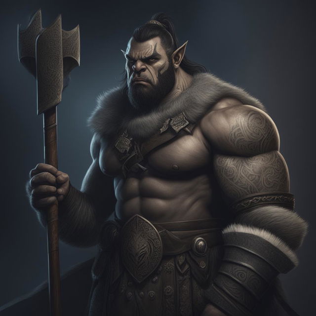 A detailed digital art of a male Half Orc Barbarian with a stern expression, prominent tusks, tribal tattoos, and a large hammer