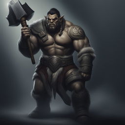 A detailed digital art of a male Half Orc Barbarian with a stern expression, prominent tusks, tribal tattoos, and a large hammer