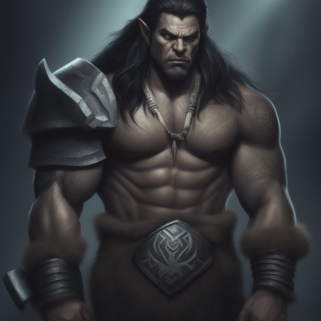 A digital art of a unique male Half Orc Barbarian without tusks