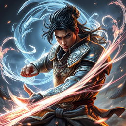An intense scene depicting a skilled fighter engaged in a powerful soul-infused battle, surrounded by swirling ethereal energy that represents their spirit