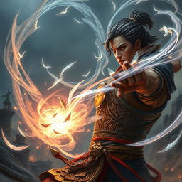 An intense scene depicting a skilled fighter engaged in a powerful soul-infused battle, surrounded by swirling ethereal energy that represents their spirit