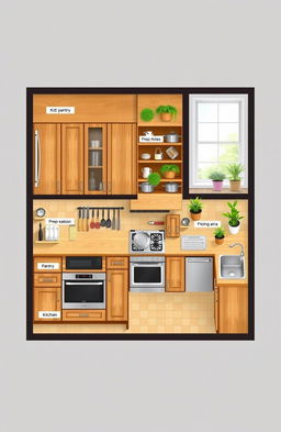 A detailed and organized kitchen layout showcasing various sections such as the pantry, cooking area, prep station, and dishwashing area