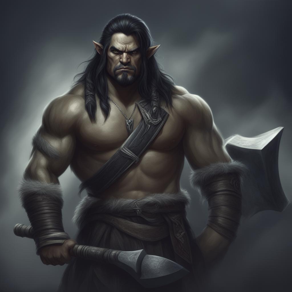 A digital art of a unique male Half Orc Barbarian without tusks