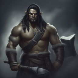 A digital art of a unique male Half Orc Barbarian without tusks