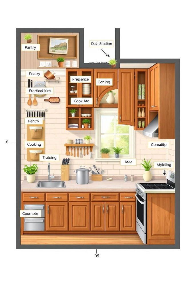 A detailed and organized kitchen layout showcasing various sections such as the pantry, cooking area, prep station, and dishwashing area