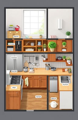 A detailed and organized kitchen layout showcasing various sections such as the pantry, cooking area, prep station, and dishwashing area