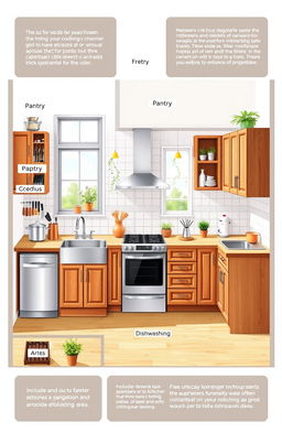 A detailed and organized kitchen layout showcasing various sections such as the pantry, cooking area, prep station, and dishwashing area