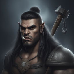 A digital art of a unique male Half Orc Barbarian without tusks