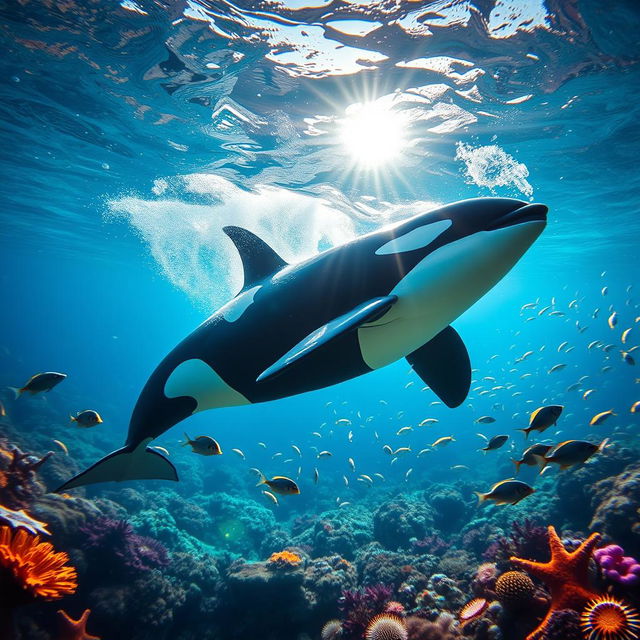 A majestic orca whale swimming gracefully through crystal clear ocean waters, surrounded by colorful coral reefs and schools of vibrant fish