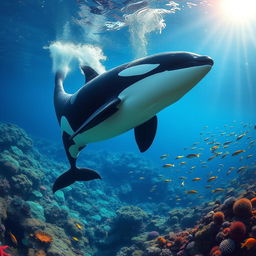 A majestic orca whale swimming gracefully through crystal clear ocean waters, surrounded by colorful coral reefs and schools of vibrant fish