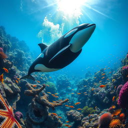 A majestic orca whale swimming gracefully through crystal clear ocean waters, surrounded by colorful coral reefs and schools of vibrant fish