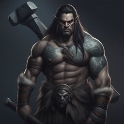 A digital art of a unique male Half Orc Barbarian without tusks