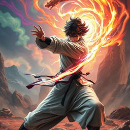 A dynamic scene showcasing an intelligent fighter engaged in an epic battle, their eyes glowing with focus and determination