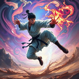 A dynamic scene showcasing an intelligent fighter engaged in an epic battle, their eyes glowing with focus and determination