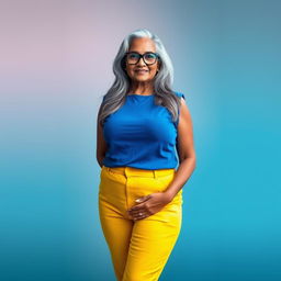 A confident and elegant dusky Indian woman, aged 60, with long grey hair cascading gracefully, wearing stylish glasses