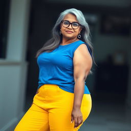 A confident and elegant dusky Indian woman, aged 60, with long grey hair cascading gracefully, wearing stylish glasses