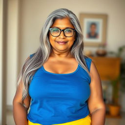 A confident and elegant dusky Indian woman, aged 60, with long grey hair cascading gracefully, wearing stylish glasses