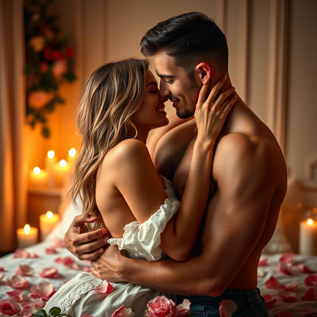 A romantic scene featuring an intimate couple in a passionate embrace, showcasing their deep connection and affection for each other