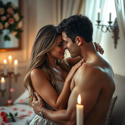 A romantic scene featuring an intimate couple in a passionate embrace, showcasing their deep connection and affection for each other