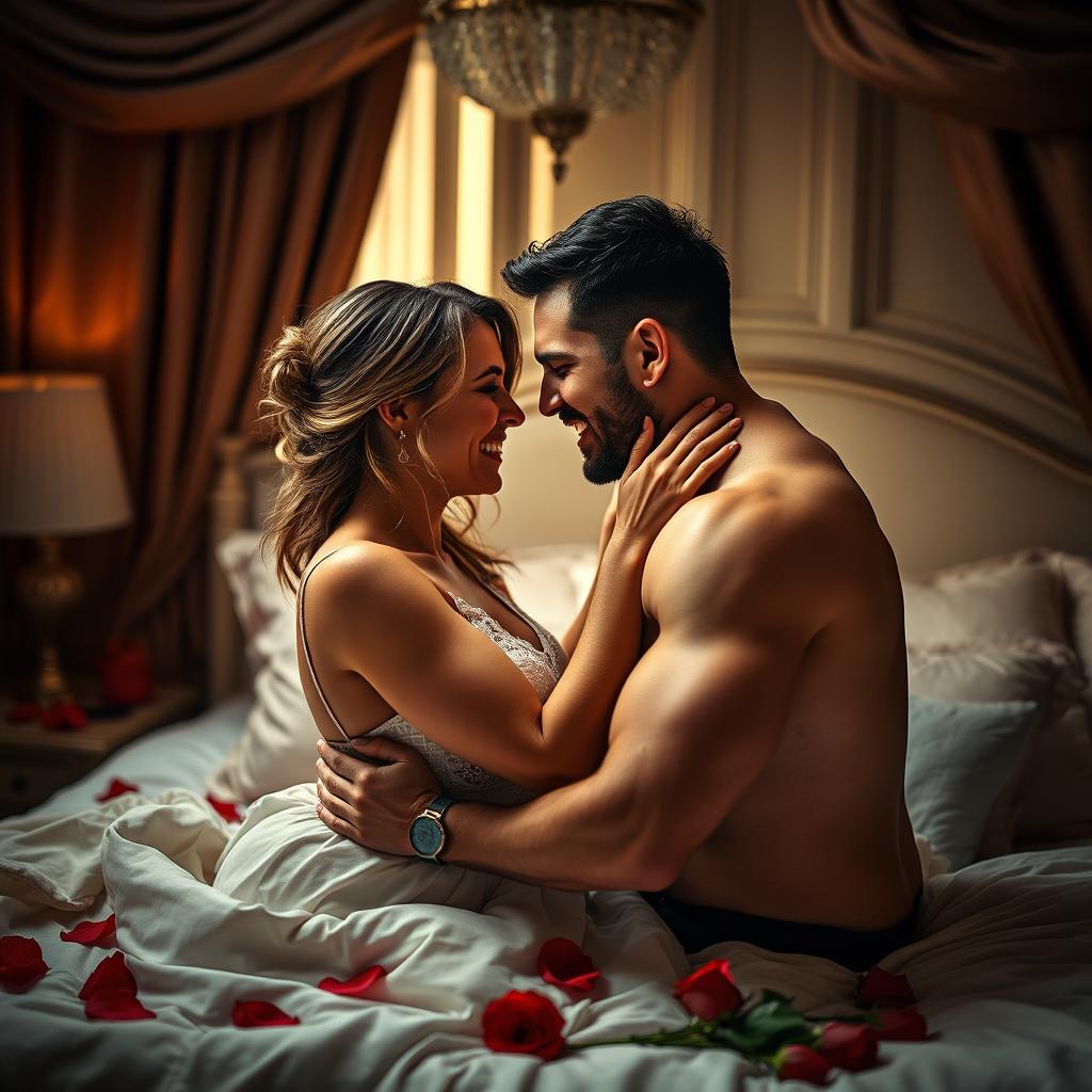 A strong, passionate adult couple in an intimate moment in a luxurious bedroom setting, surrounded by soft, sensual lighting and rich fabrics