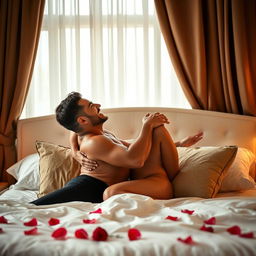 A strong, passionate adult couple in an intimate moment in a luxurious bedroom setting, surrounded by soft, sensual lighting and rich fabrics