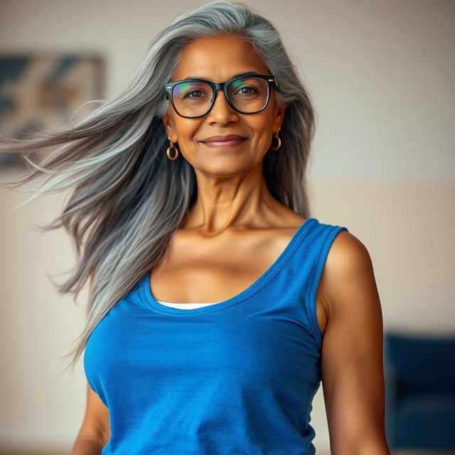 A beautiful and confident dusky Indian woman, aged 60, with long grey hair flowing elegantly, wearing stylish glasses