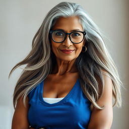 A beautiful and confident dusky Indian woman, aged 60, with long grey hair flowing elegantly, wearing stylish glasses