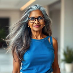 A beautiful and confident dusky Indian woman, aged 60, with long grey hair flowing elegantly, wearing stylish glasses