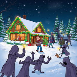 A whimsical and humorous crossover scene featuring Clark Griswold from Christmas Vacation, energetically setting up Christmas lights on a beautifully decorated home in a snowy landscape, yet being hilariously interrupted by a swarm of evil spirits from the Evil Dead, creating a chaotic but funny confrontation