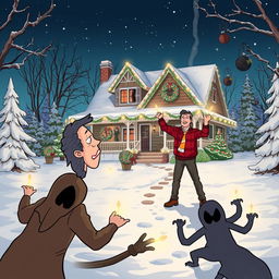 A whimsical and humorous crossover scene featuring Clark Griswold from Christmas Vacation, energetically setting up Christmas lights on a beautifully decorated home in a snowy landscape, yet being hilariously interrupted by a swarm of evil spirits from the Evil Dead, creating a chaotic but funny confrontation