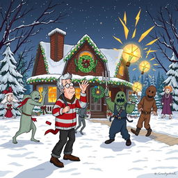 A whimsical and humorous crossover scene featuring Clark Griswold from Christmas Vacation, energetically setting up Christmas lights on a beautifully decorated home in a snowy landscape, yet being hilariously interrupted by a swarm of evil spirits from the Evil Dead, creating a chaotic but funny confrontation